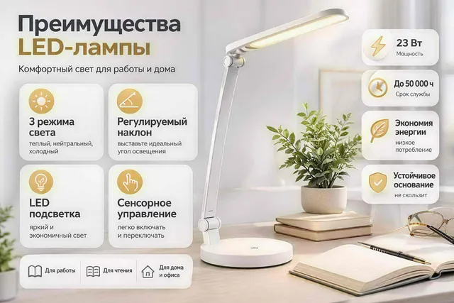 Русскоязычная товарная карточка настольной LED-лампы.