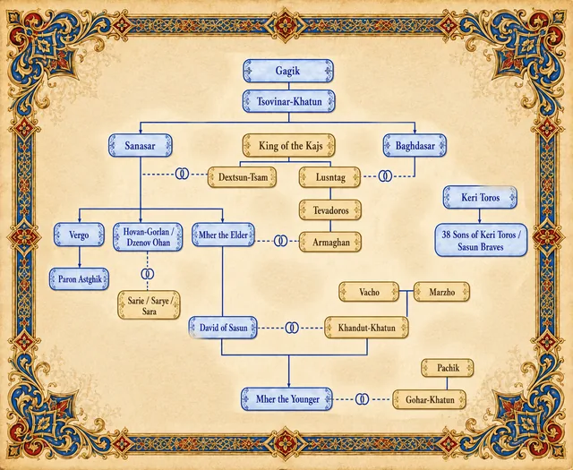 Epic genealogy and character relationship diagram.